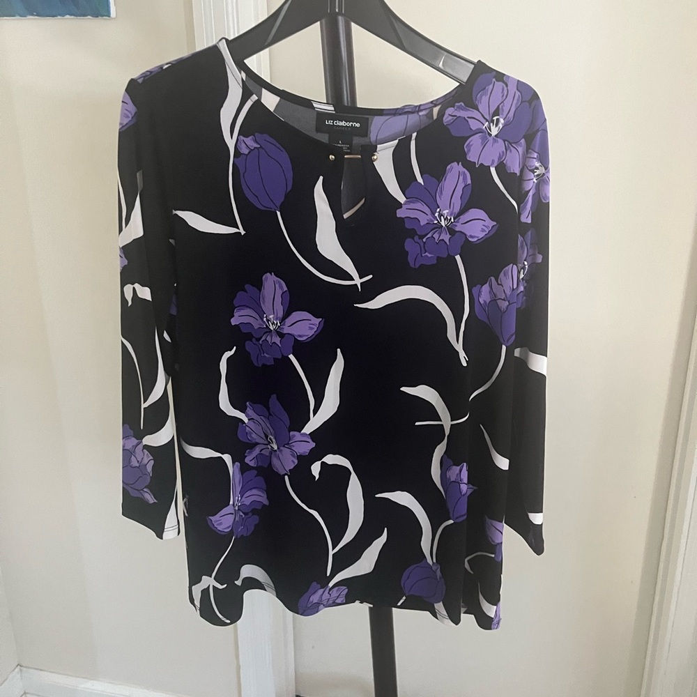 Liz Claiborne Black and Purple Floral Blouse